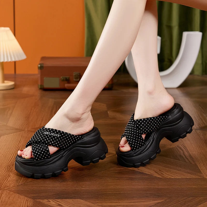 AUTUSPIN 7.5cm Fashion Slippers for Women Summer Rhinstones Shiny Slides Shoes Female Wedge Platform High Heels Thick Soled Shoe