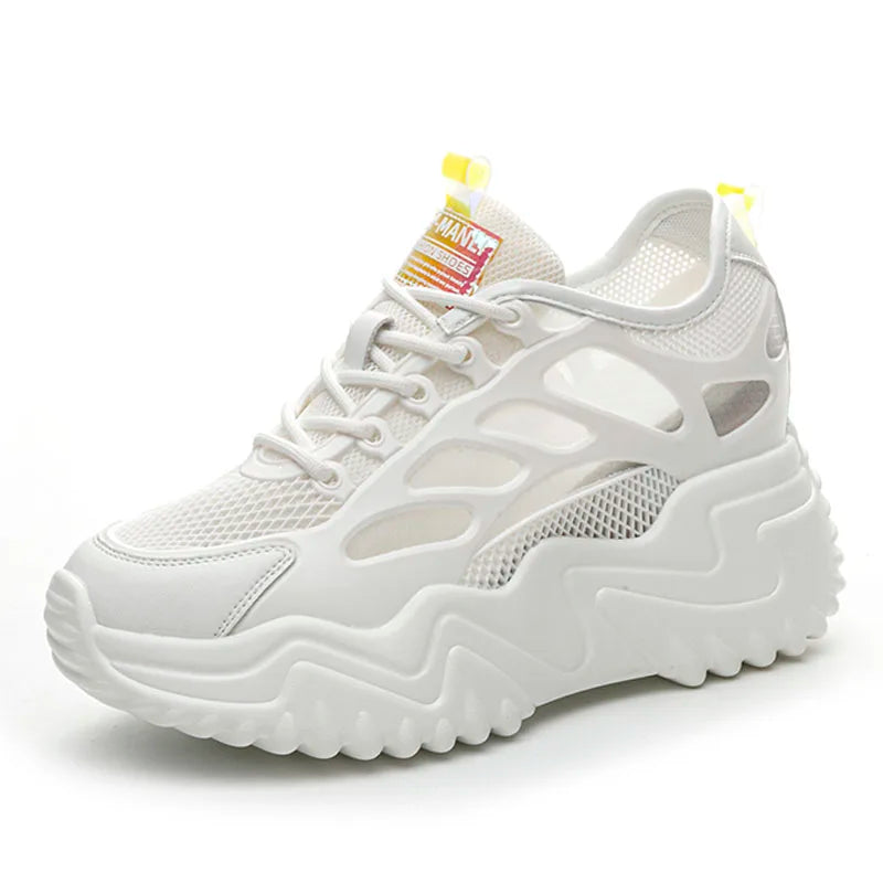 DRKANOL White Air Mesh Casual Sneakers Women 8cm Wedges Heel Height Increasing Chunky Platform Shoes Summer Breathable Shoes