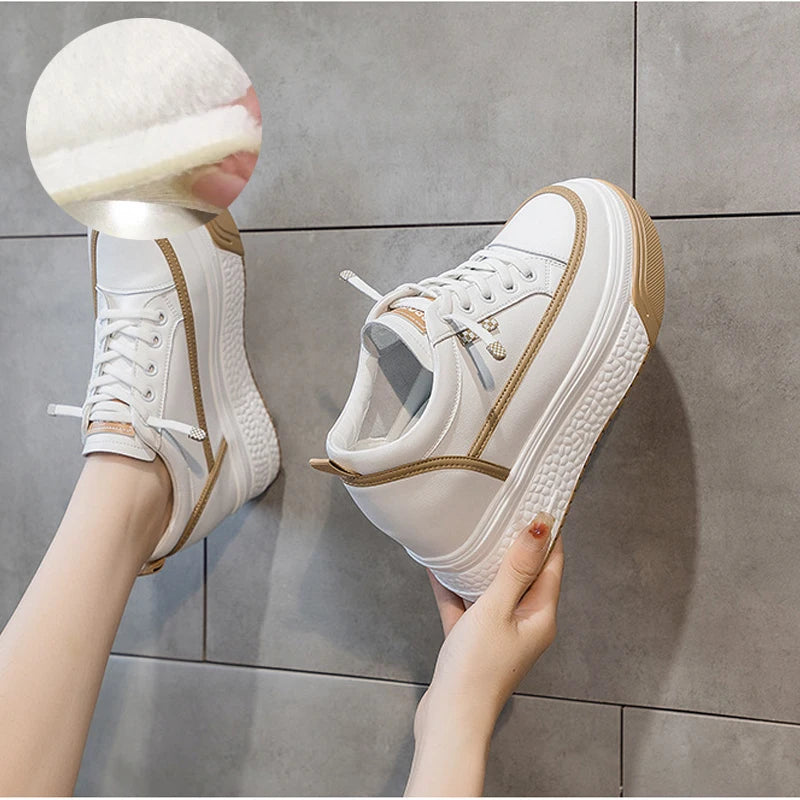 Fujin 7cm Genuine Leather Platform Wedge Winter Women Fashion Canvas Breathable Lady Super High Mixed Color Leisure Single Shoes