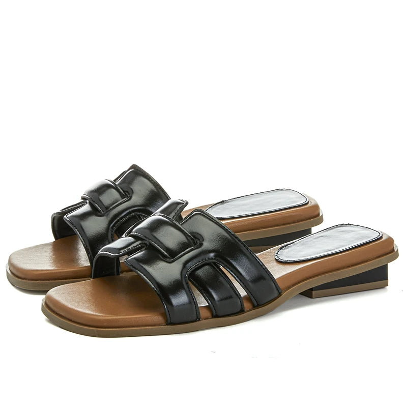 AUTUSPIN Summer Beach Slippers for Women Fashion Weave PU Leather Thick Low Heels Woman Outdoor Leisure Ladies Shoes Size 35-40