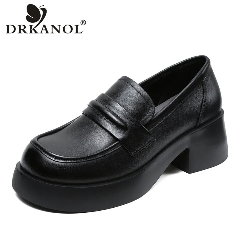 DRKANOL 2025 Women Genuine Leather Loafers High Quality Genuine Leather Slip-On Chunky Platform Pumps Women High Heel Shoes