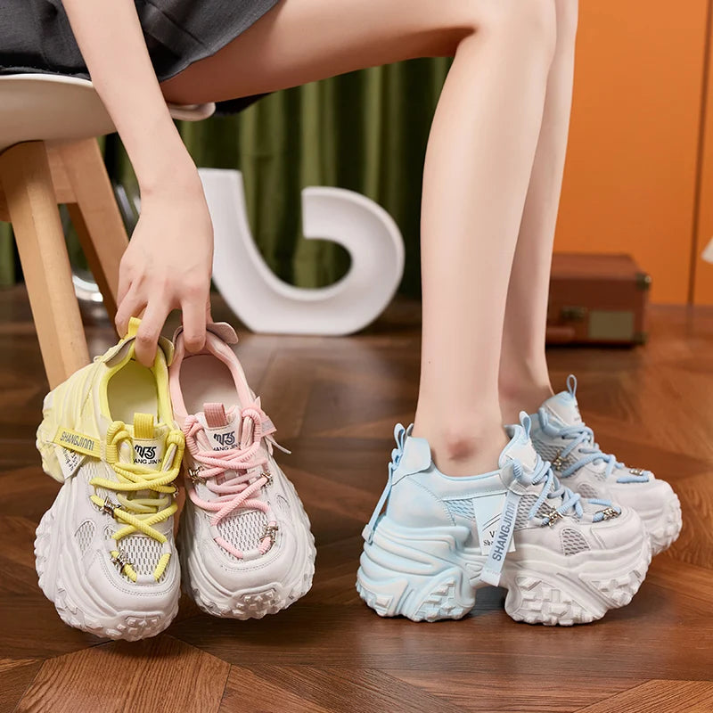 AUTUSPIN Women Shoes Mixed Colors Ladies Chunky Leisure Sneakers Summer Breathable Mesh Synthetic Leather Sports Shoes Popular
