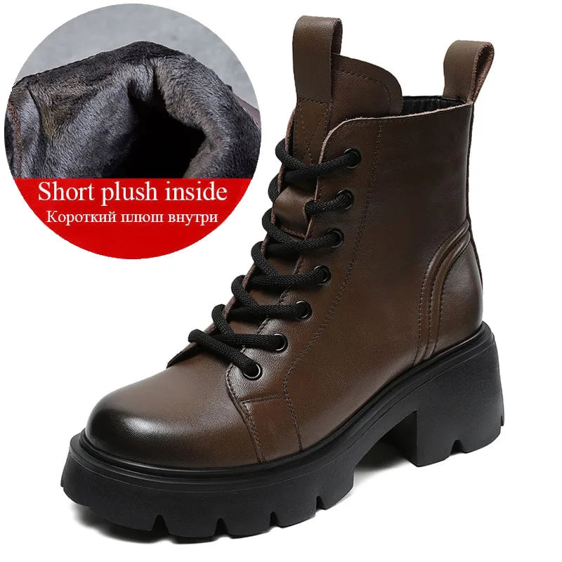 DRKANOL Genuine Cow Leather Ankle Boots For Women Height Increasing Thick High Heel Chunky Platform Autumn Winter Fur Warm Boots