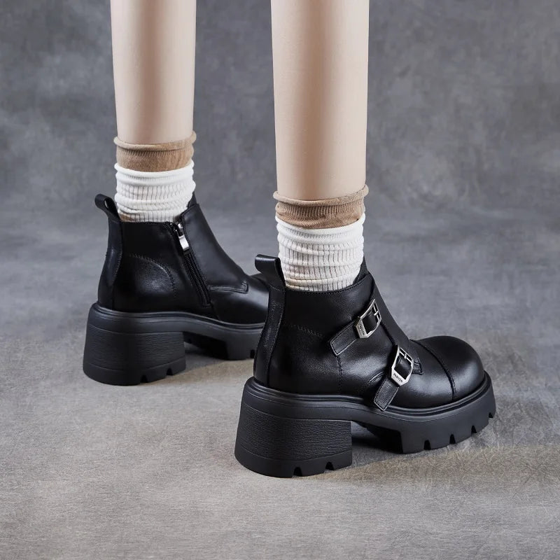 DRKANOL 2025 British Style Women High Heel Ankle Boots Spring Autumn Round Toe Genuine Cow Leather Zipper Chunky Platform Boots