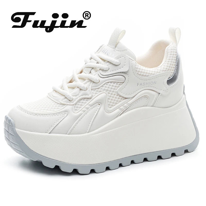 Fujin 8cm Air Mesh Microfiber Vulcanize Chunky Sneaker Lace Up Shoes Fashion Synthetic Leather Flats Platform Wedge Women Ladies