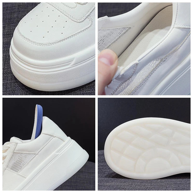 Fujin 7cm Air Mesh Genuine Synthetic Pumps Platform Wedge Summer Hollow Leather Sandals Flats Women Slippers Lace Up Shoes