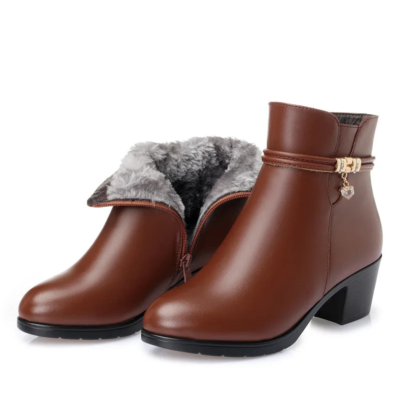 WOIZGIC Women's Ladies Mother Famale Winter Ankle Genuine Leather Fur Warm Wool Plush Shoes Boots Zipper Mid Heel Plus Size 43