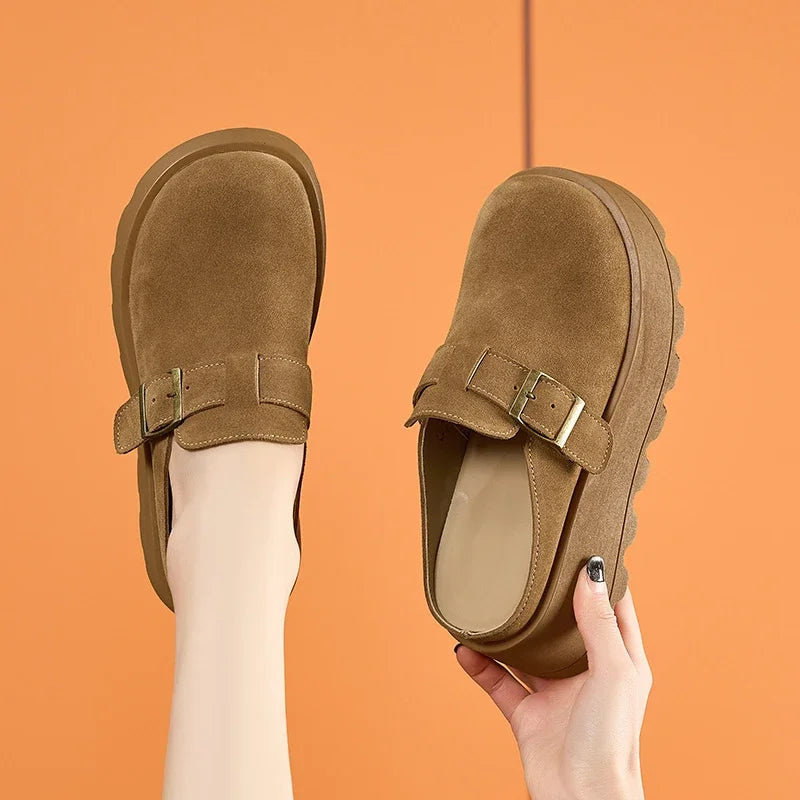 AUTUSPIN Fashion Suede Leather Slippers Women Leisure Buckle Mules Shoes Spring Summer Thick Platform Woman Round Toe Slides