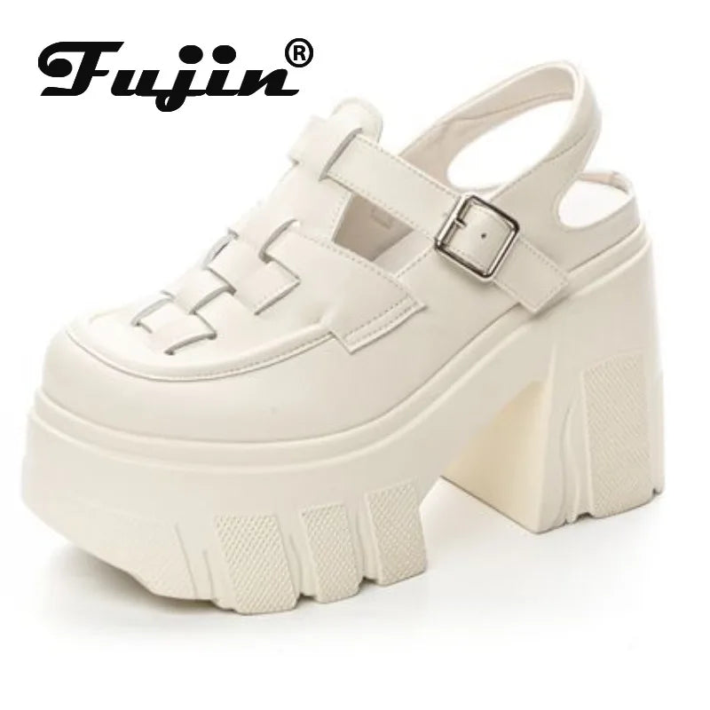 Fujin 11cm Weave Patent Genuine Leather Breathable Pumps Summer Ankle Boots Mary Jane Casual Buckle Platform Chunky Heels Shoes