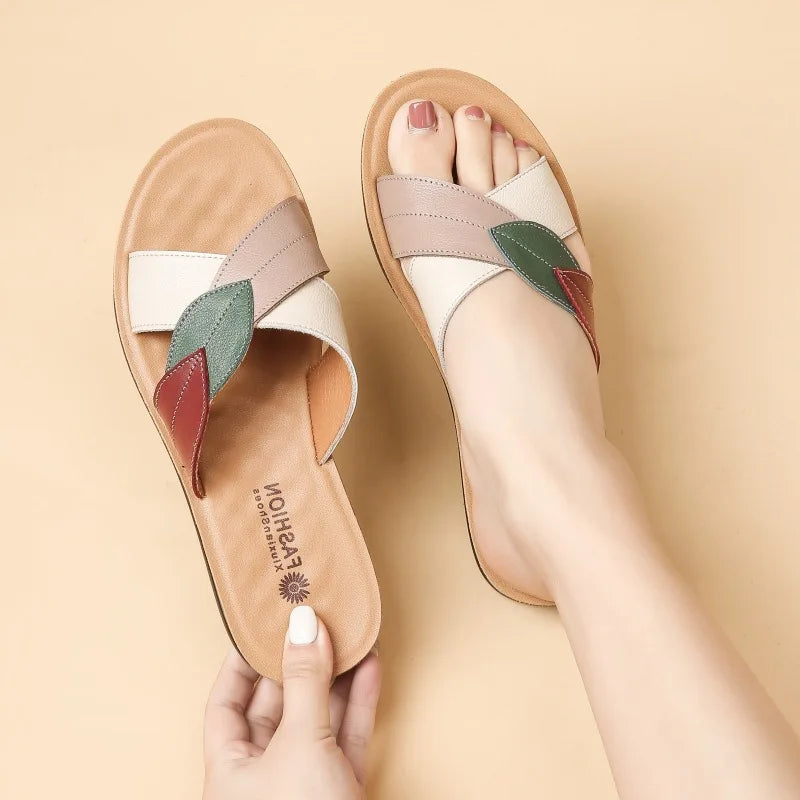 WOIZGIC Women Female Ladies Mother Genuine Leather Shoes Sandals Platform Slipper Summer Cool Beach Soft Slip On Outside