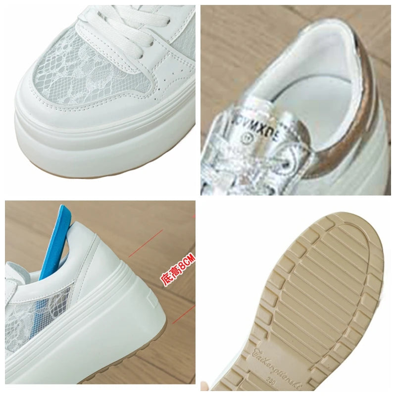 Fujin 8cm 2025 Air Mesh Microfiber Vulcanize Chunky Sneaker Lace Up Shoes Fashion Leather Flats Platform Wedge Women Ladies