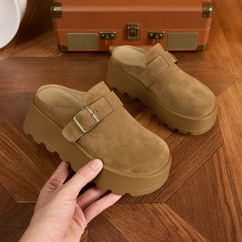 AUTUSPIN Fashion Suede Leather Slippers Women Leisure Buckle Mules Shoes Spring Summer Thick Platform Woman Round Toe Slides