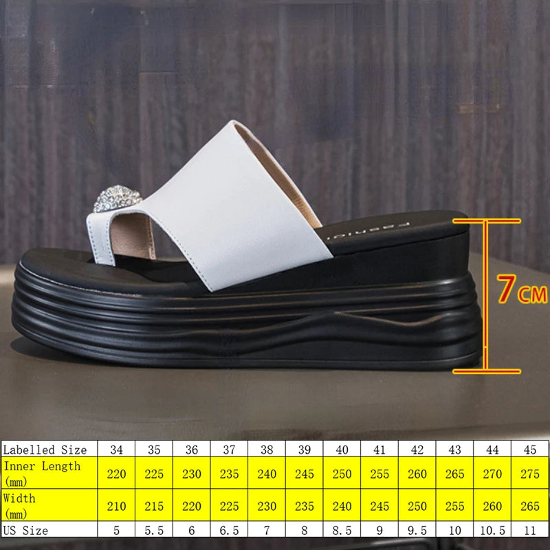 Fujin 7cm Genuine Leather Summer Clip Toe Flip Ladies Slippers Pumps Platform Wedge Women Fashion Sandals Flats Rhinestone Shoes