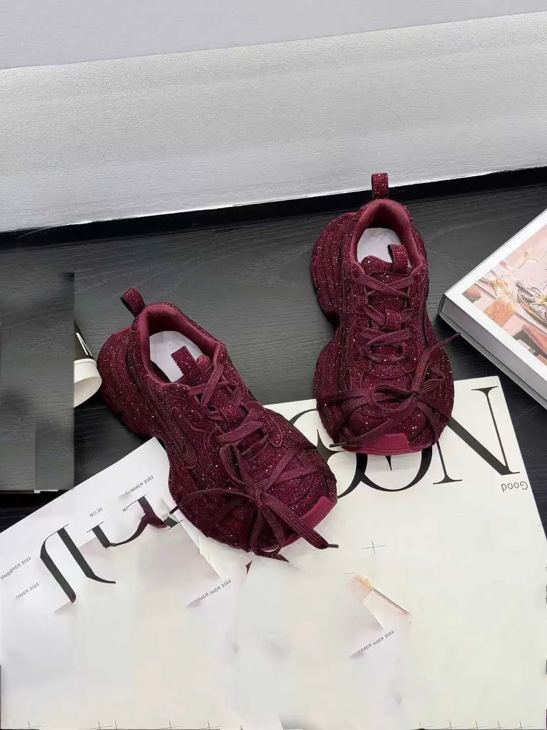 Fujin 5cm Women Sneakers Spring Lace-Up Casual Working Shoes Wearing Shoes High Brand Platform Wedge Silver Crystal Outside