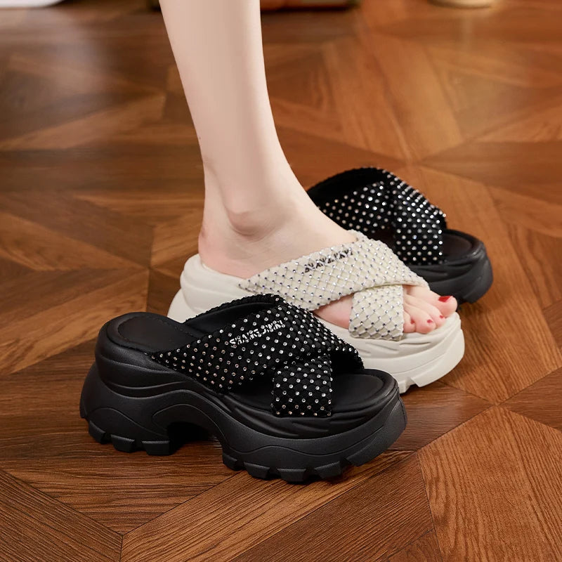 AUTUSPIN 7.5cm Fashion Slippers for Women Summer Rhinstones Shiny Slides Shoes Female Wedge Platform High Heels Thick Soled Shoe