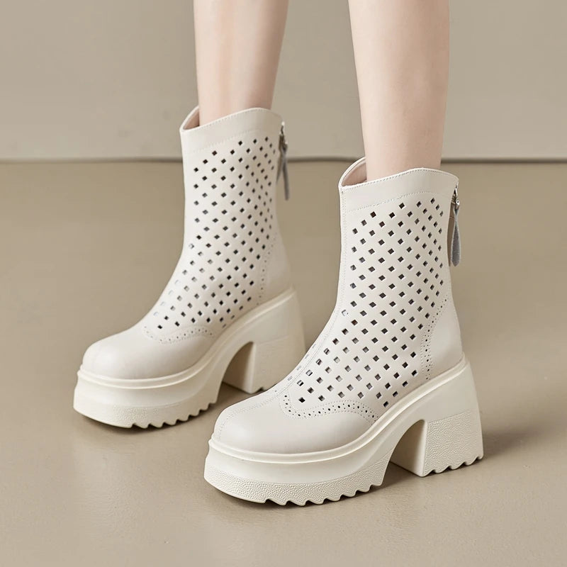 Autuspin 10cm Thick High Heels Women Summer Ankle Boots Microfiber Leather Ladies Hollow Short Boot Shoes Woman Basic Booties