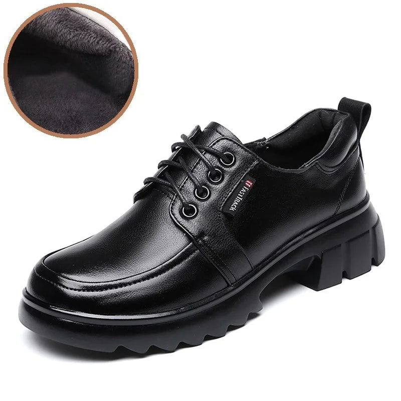 DRKANOL Fashion Women Shoes Lace-Up Round Toe Med Thick Heel Casual Shoes Ladies Real Cowhide Autumn Winter Warm Shoes H5089
