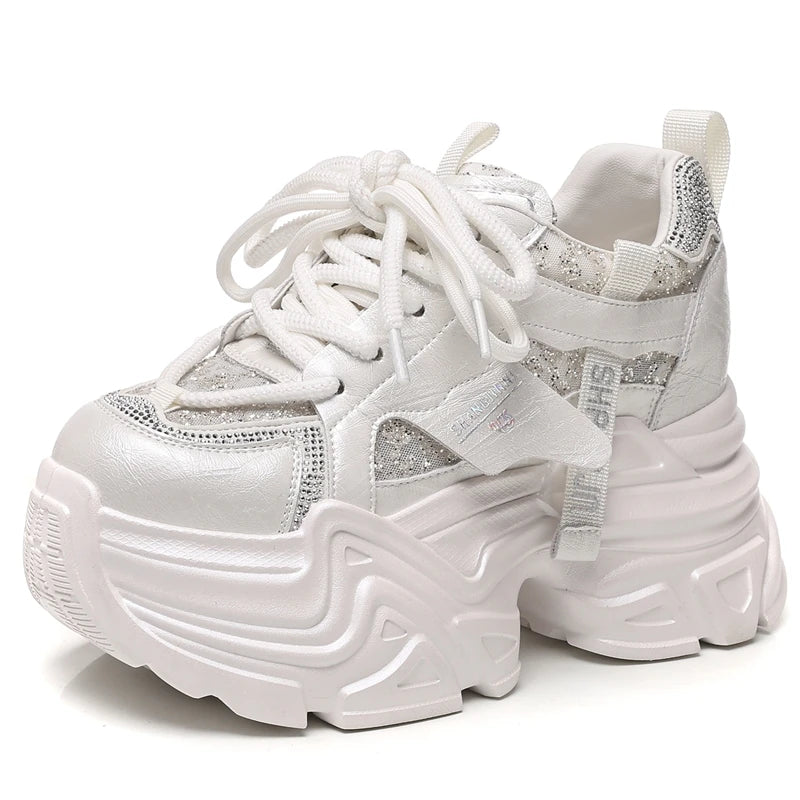 AUTUSPIN 8cm Pink Thick Bottom Shoes for Women Spring Summer Rhinestones Chunky Platform Sneakers Woman Outdoor Tide Fashion