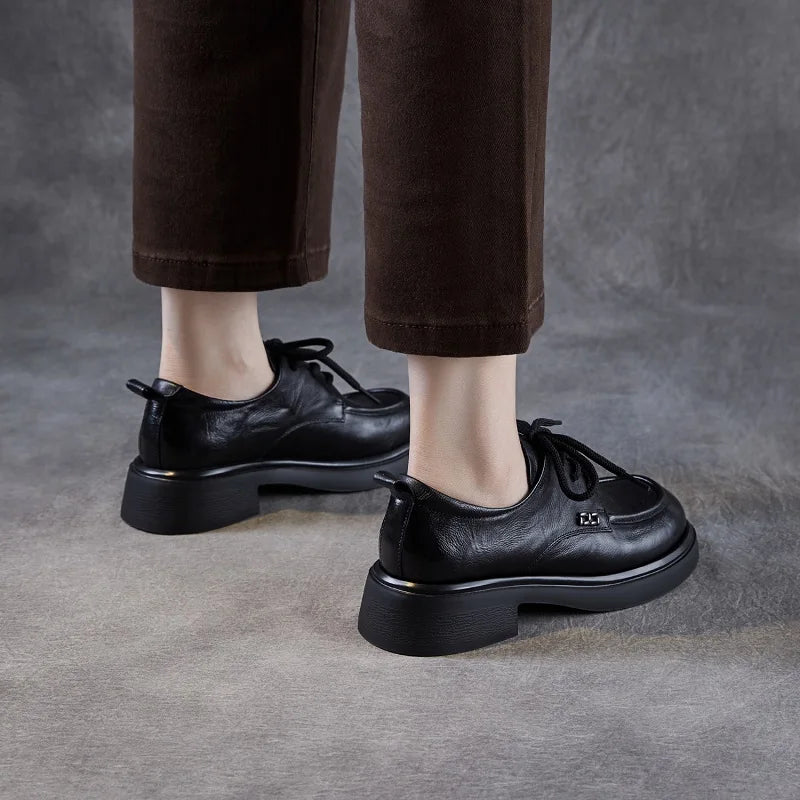DRKANOL 2025 Women Genuine Leather Shoes Handmade Retro British Style Thick Heel Round Toe Comfort Casual Single Shoes H258569Z