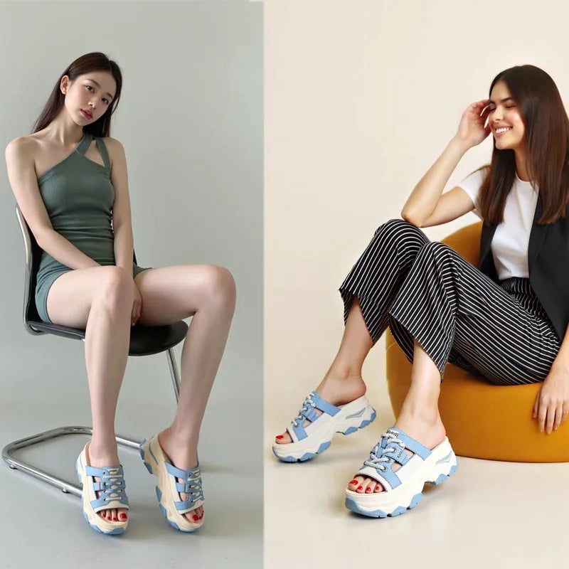 Fujin 7cm Microfiber Leather Synthetic Platform Wedge Slipper Chunky Heels Mary Jane Slip on Summer Breathable Pumps Shoes