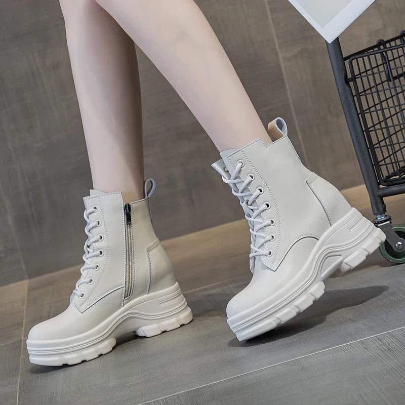 DRKANOL Fashion Women Height Increasing Boots Autumn Winter Warm Plush Platform Ankle Boots For Women Real Cowhide Wedges Shoes