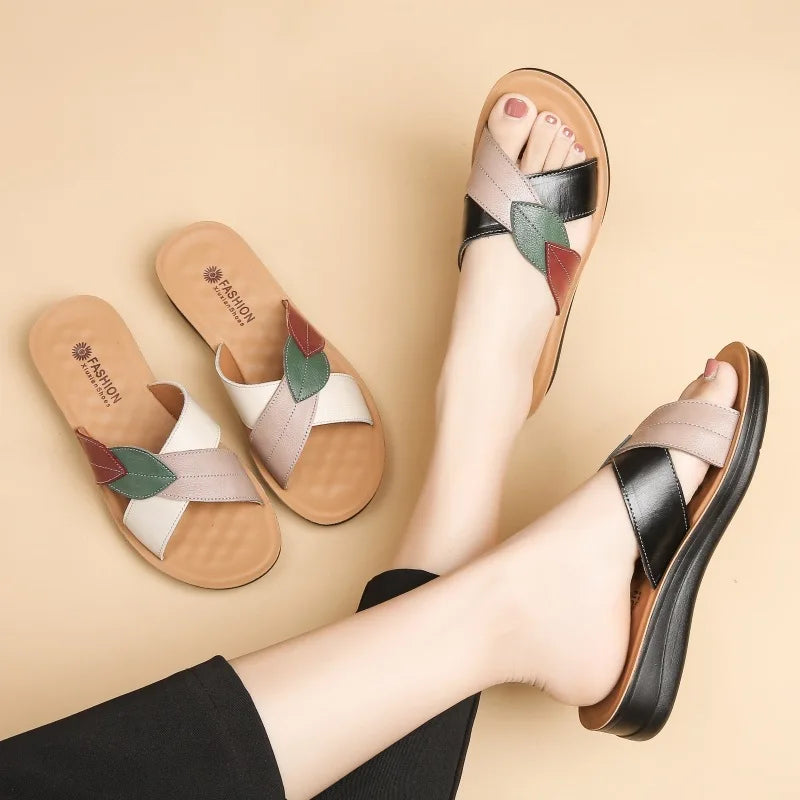 WOIZGIC Women Female Ladies Mother Genuine Leather Shoes Sandals Platform Slipper Summer Cool Beach Soft Slip On Outside