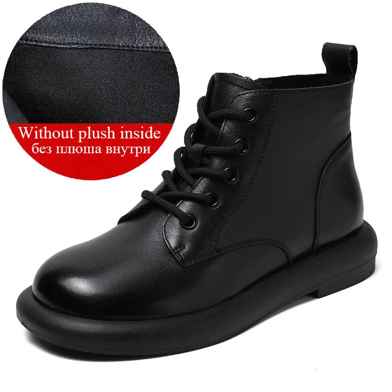 DRKANOL Autumn Winter Warm Flat Heel Ankle Boots For Women Handmade Retro Round Toe Genuine Leather Comfort Casual Short Boots