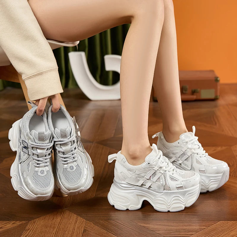 AUTUSPIN 9.5cm Grey Thick Bottom Shoes Women Summer Air Mesh Sneakers Leisure Footwear Female Street Tide High Platform Shoes