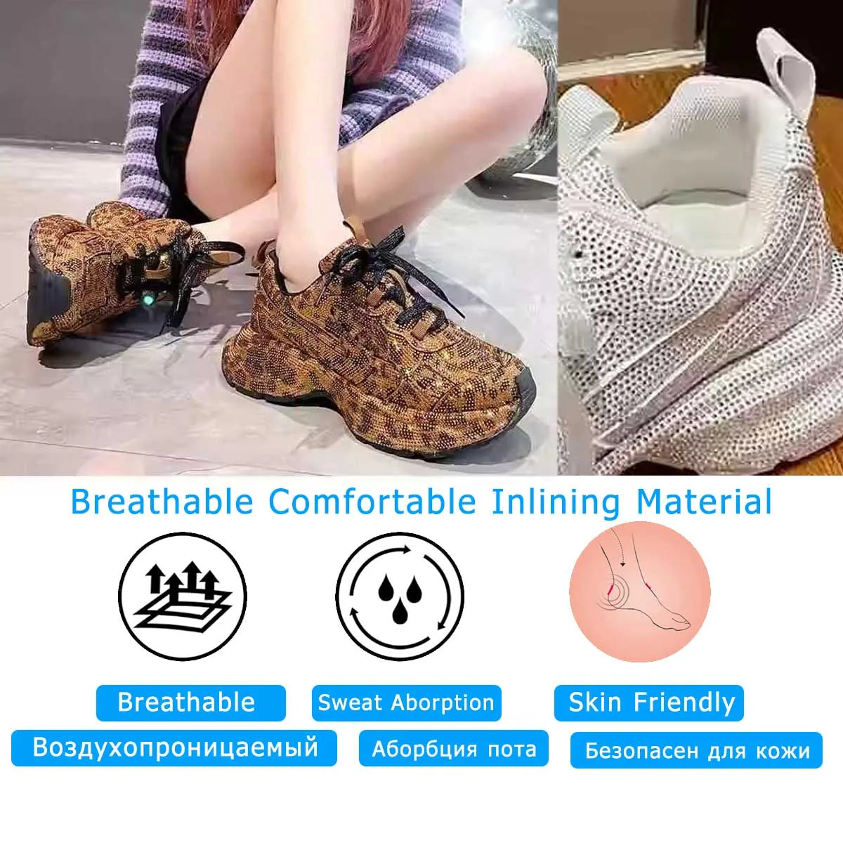 Fujin 5cm Women Sneakers Spring Lace-Up Casual Working Shoes Wearing Shoes High Brand Platform Wedge Silver Crystal Outside