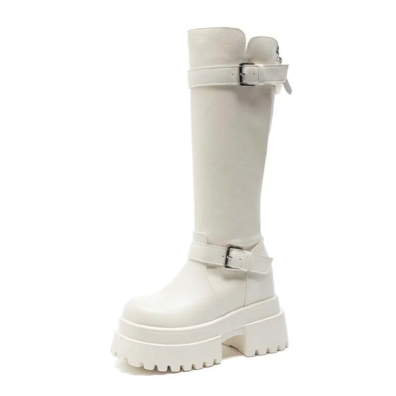 Fujin 4 Inch 10cm Knee High Boots Genuine Leather Zip Comfortable Platform Wedge Heel Booties Sexy Motorcycle Casual Shoes