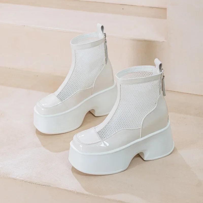 Fujin 11cm Air Mesh Patent Leather Boots Chimney Summer Motorcycle Sandals Hollow Ankle Booties Women Moccasins Fashion Shoes