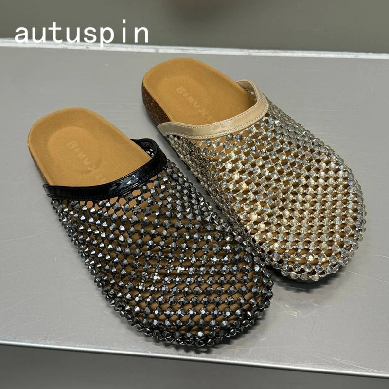 AUTUSPIN Women Tide Slippers Slip-on Ladies Shiny Crystal Shoes Fashion Round Toe Slides Female Party Leisure Flats Sandals