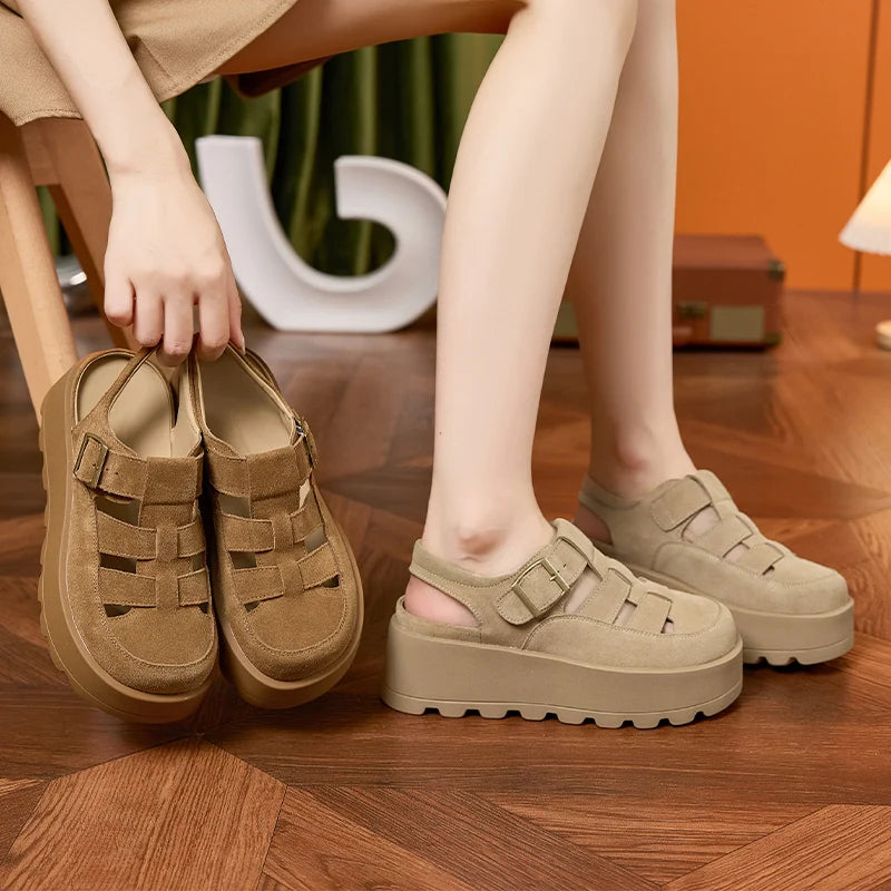 AUTUSPIN 7cm Women Wedges High Heels Fashion Thick Platform Woman Sandals Suede Leather Ladie Summer Shoes Beach Chunky Slippers