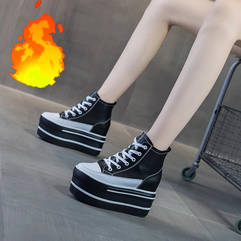 Fujin Women's High Top Sneakers Casual Leather Lace up Boots Sneakers For Woman Spring Autumn Shoes High Heels Sneaker Shoes