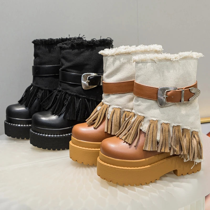 AUTUSPIN 12cm Hidden Heel Mid-calf Boots Women Retro Ethnic Tassel Morden Short Boots Female Genuine Cow Leather Platform Shoes