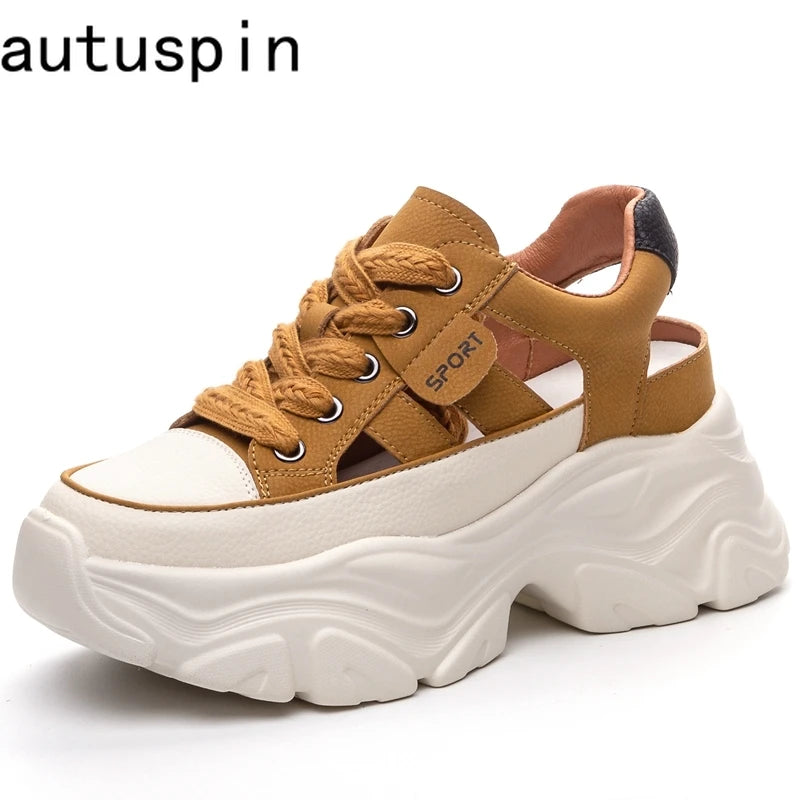 Autuspin New Genuine Leather Women Shoes Summer Retro Breathable Female Sandals Round Toe Leisure Slingbacks Thick Sole Sandal