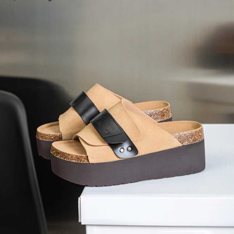 AUTUSPIN Summer Nubuck Leather Ladies Shoes Fashion Thick Soled Women Slippers Outdoor High Platform Chunky Slides Shoes Woman