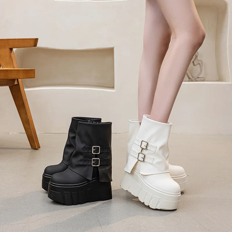 Fujin 14cm Genuine Leather Platform Boots for Women Ankle Boots Spring Autumn Winter Platform Wedge Heel Boots Booties Female