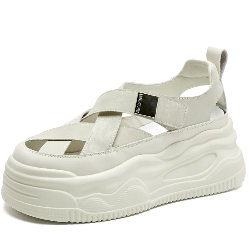 AUTUSPIN 7cm Flats Platform Women Leather Sandals Summer Fashion Hollow Breathable Ladies Shoes Round Toe Chunky Leisure Sneaker