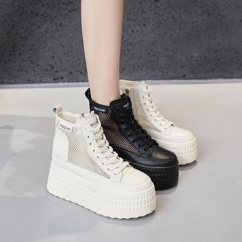 Autuspin Summer Women's Boots 2024 Fashion Breathable Mesh Shoes High Flats Platform Ladies Ankle Boot Women Trend Chunky Shoes