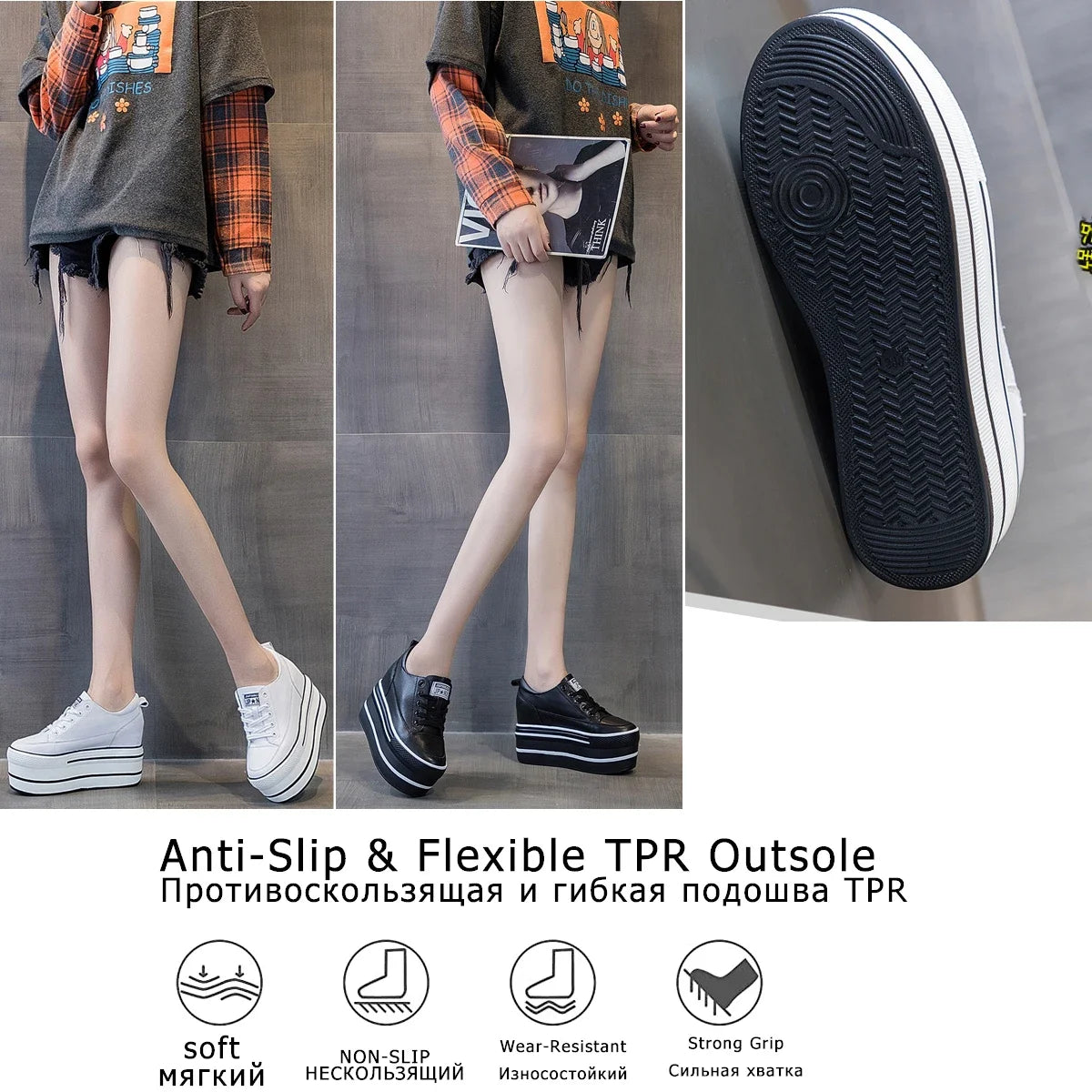 Fujin 10.5cm High Thick Heel Platform Flats Women Casual Shoes Genuine Leather Soft Quality Casual Shoe Sneakers White Black