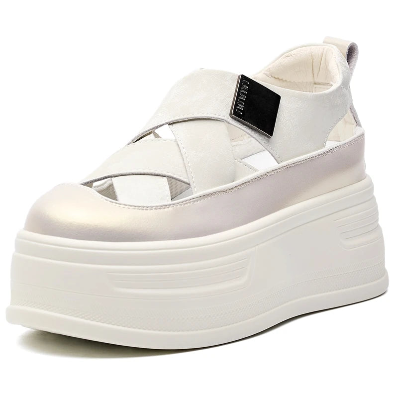 AUTUSPIN Summer Hollow Out Sandals Women's Fashion Leather Shoes Outdoor Woman High Platform Trendy Sandal Female Size 33-40