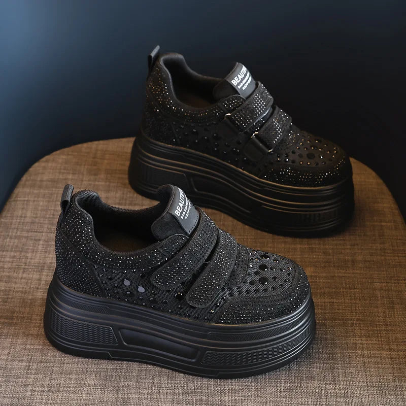 Koznoy 10.5cm Air Mesh Synthetic Leather Chunky Sneaker Women Comfy Summer Bling Platform Wedge Fsahion Ankle Boots Shoes