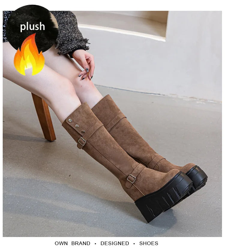 Fujin 14cm Microfiber Synthetic Leather High Top Boots Women Booties Knee High Platform Wedge Spring Autumn Zipper Fashion Shoes