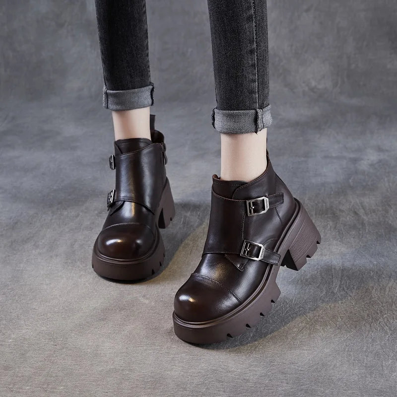 DRKANOL 2025 British Style Women High Heel Ankle Boots Spring Autumn Round Toe Genuine Cow Leather Zipper Chunky Platform Boots