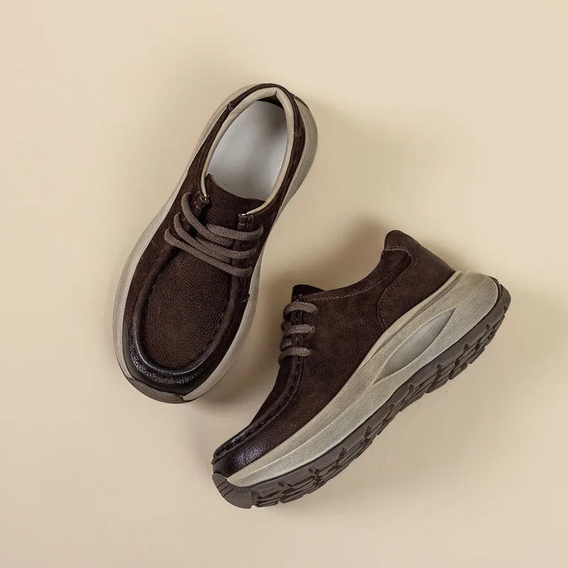DRKANOL 2025 Women Casual Sneakers Thick Sole Chunky Platform Wedges Heel Genuine Cow Leather Lace-Up Handmade Retro Shoes H9628