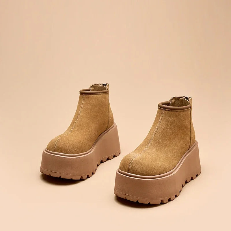 AUTUSPIN Outdoor Snow Boots Fot Women High Platform Concise Round Toe Warm Shoes Winter Flats Chunky Suede Leather Ankle Boot