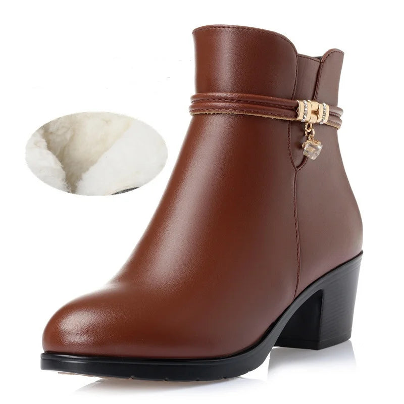 WOIZGIC Women's Ladies Mother Famale Winter Ankle Genuine Leather Fur Warm Wool Plush Shoes Boots Zipper Mid Heel Plus Size 43