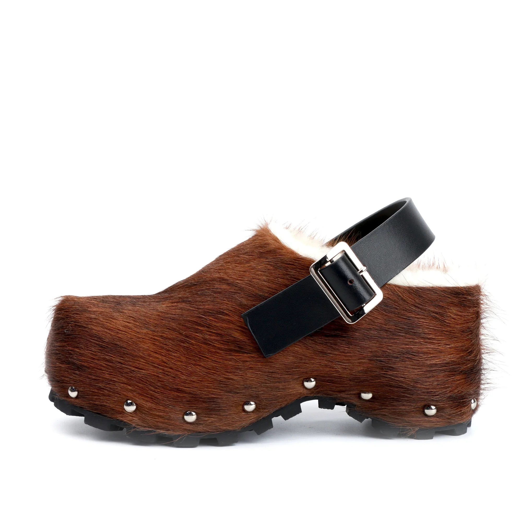 Luxury Platform Clogs for Women Mules - Designer Calf Hair & Wool-Lined Fur Sandals with Adjustable Strap, Slip-On Comfort