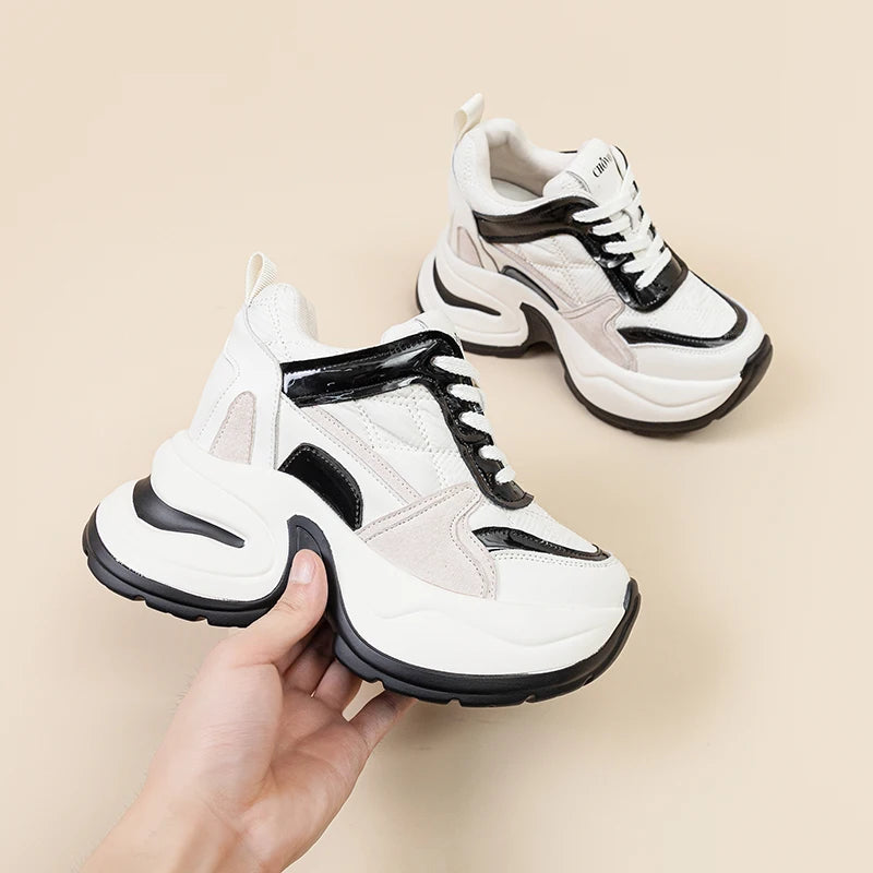 Autuspin Women Fashion Street Shoes Internal Height Increased Ladies Luxury Sneakers Leisure Platform Sneaker Genuine Leather